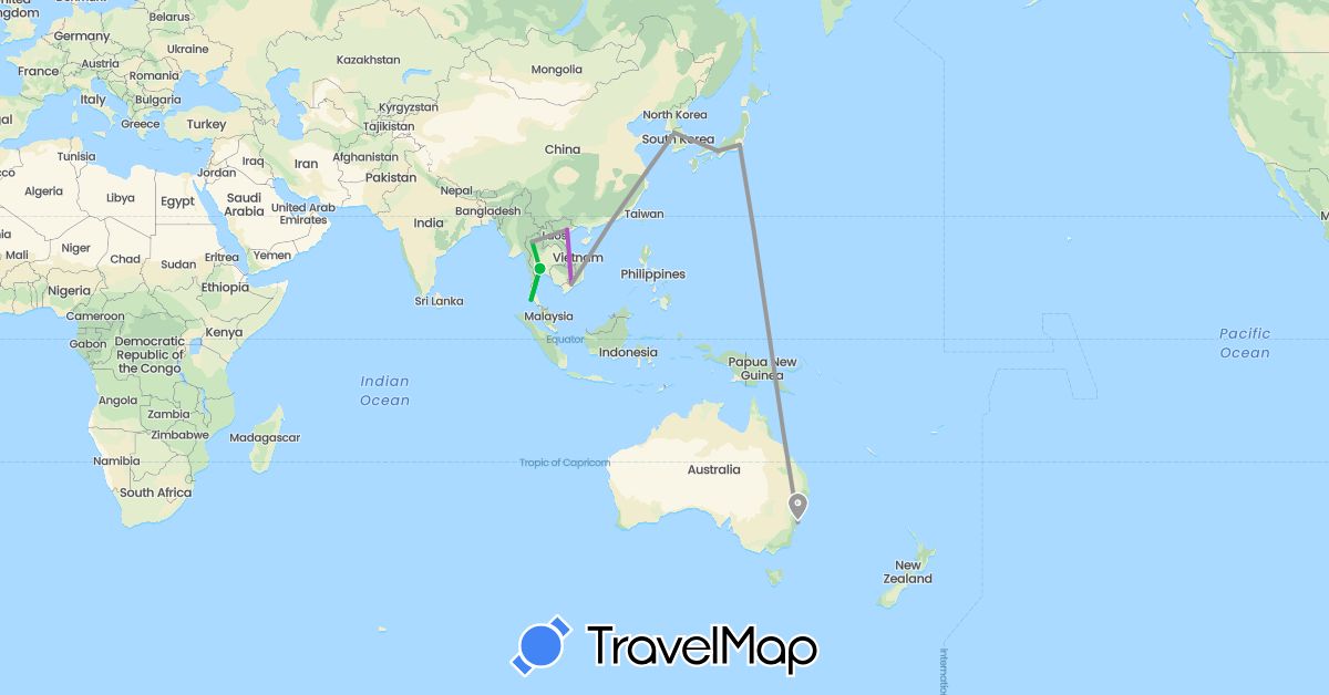 TravelMap itinerary: driving, bus, plane, train in Australia, China, Japan, South Korea, Thailand, Vietnam (Asia, Oceania)